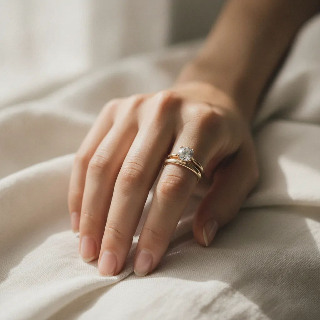 Alliance portée avec une bague de fiançailles au même doigt