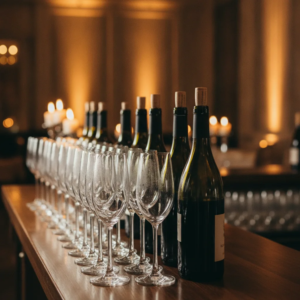 Bar dressé avec verres et bouteilles avant une réception de mariage