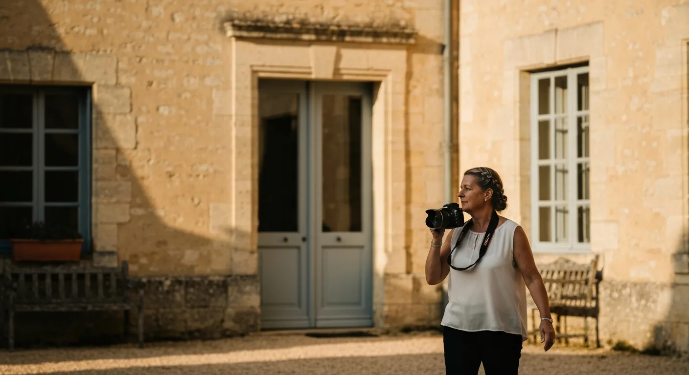 Photographe de mariage en repérage dans un domaine avant la réception