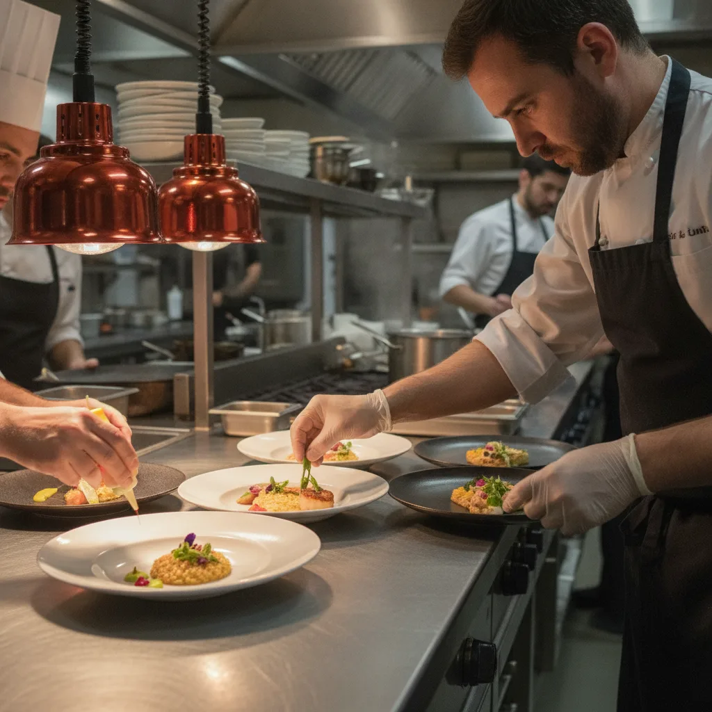 Équipe de traiteur dressant les assiettes pendant le service d'un mariage