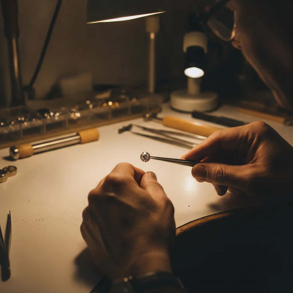 Joaillier examinant un diamant taille brillant à la pince sur son établi