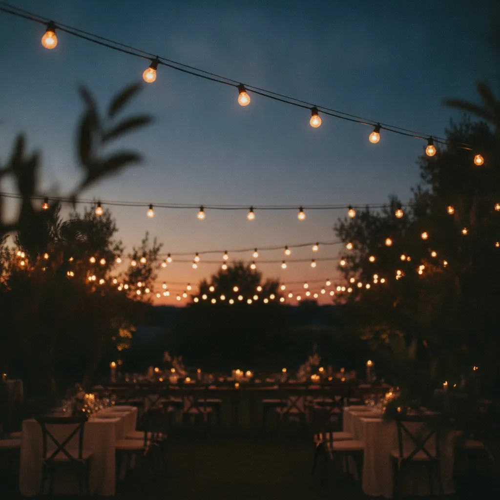 Guirlandes lumineuses tendues au-dessus d'un dîner de mariage à la tombée du jour