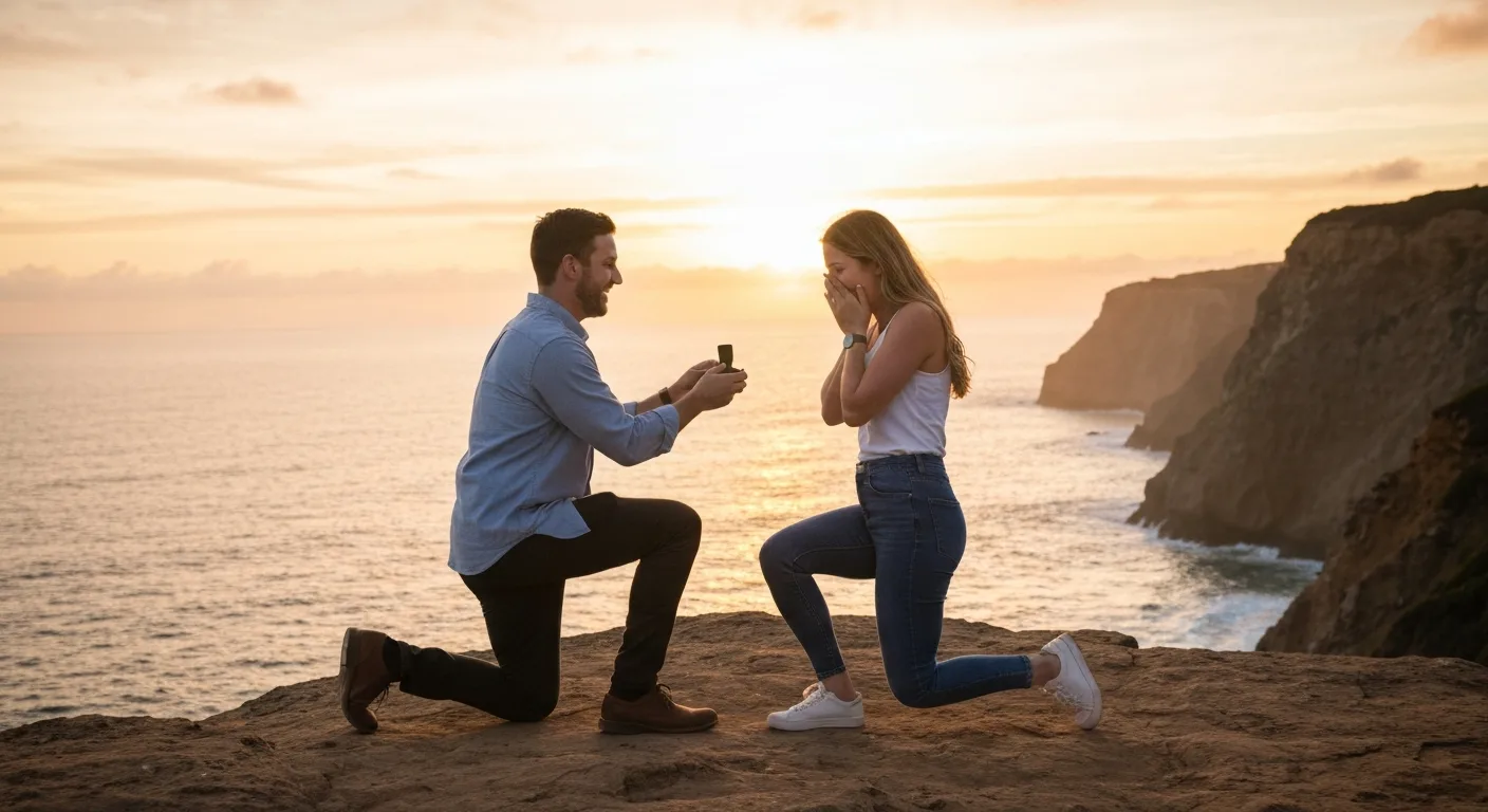 Couple lors d'une demande en mariage au lever du jour sur un point de vue naturel