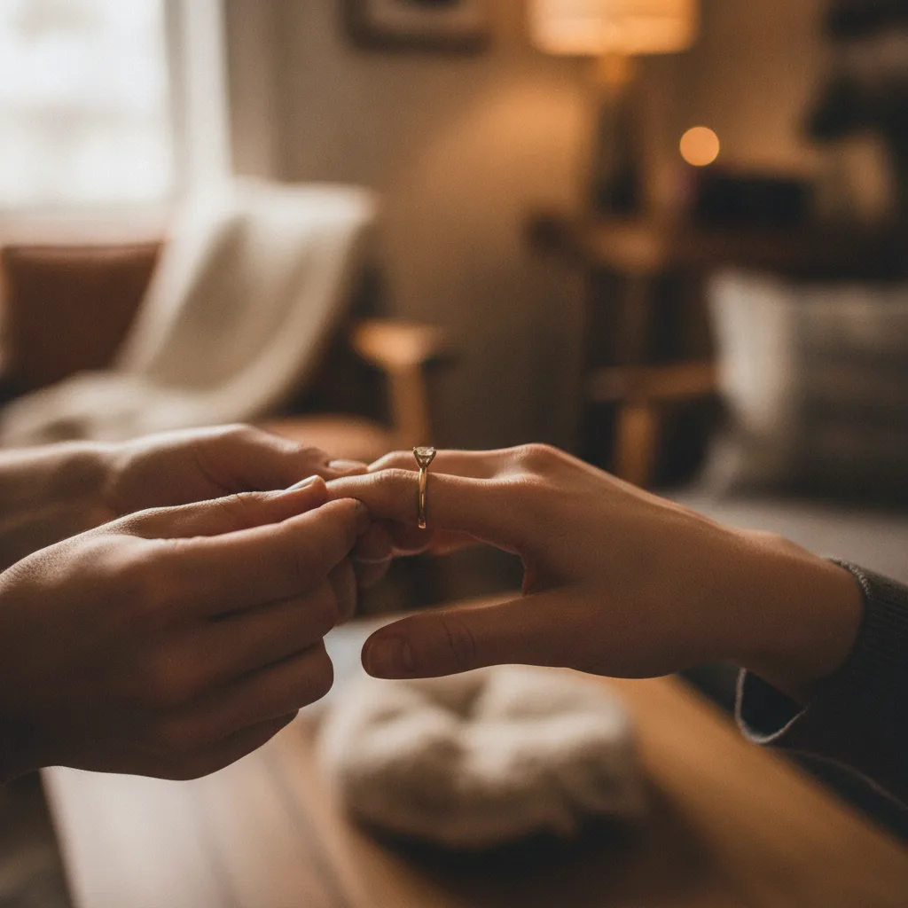 Gros plan sur la remise d'une bague de fiançailles en lumière naturelle
