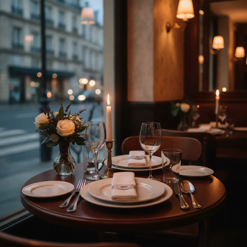 Table dressée pour deux dans un restaurant au crépuscule avant une demande en mariage