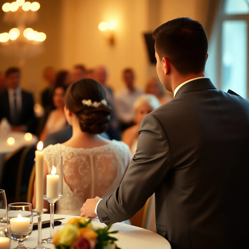 Les mariés écoutent un discours, main dans la main, lors du dîner de réception