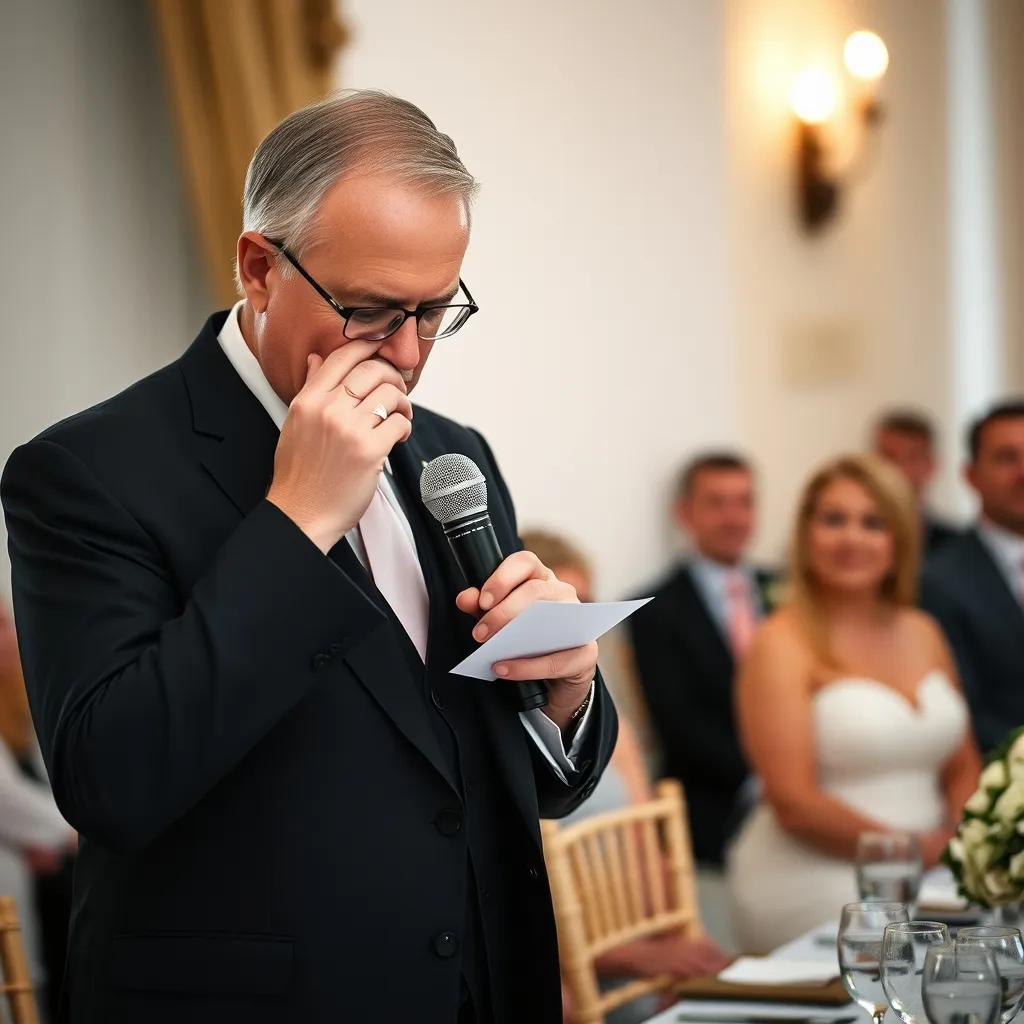Le père de la mariée, ému, s'interrompt un instant pendant son discours au micro