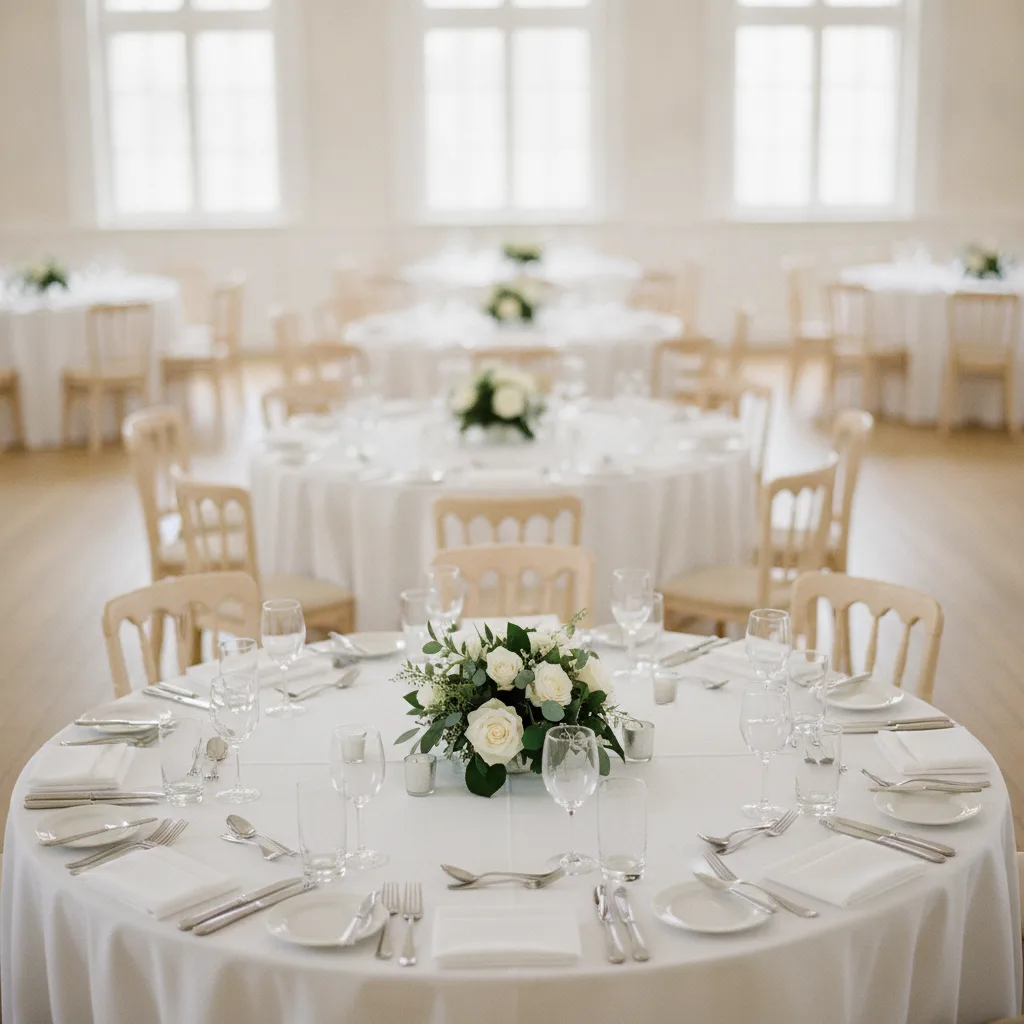 Tables rondes dressées avant l'arrivée des invités
