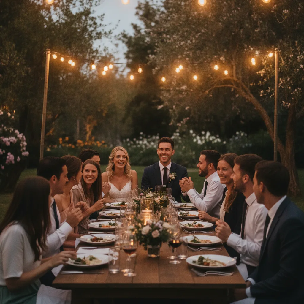 Dîner de mariage intime autour d'une seule grande table