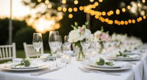 Table de fête de fiançailles dressée dans un jardin en fin de journée