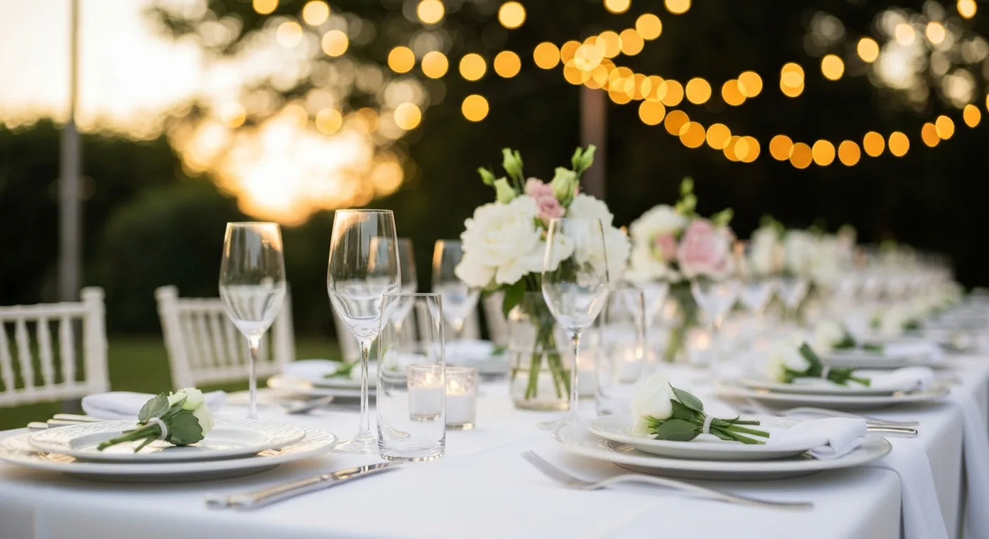 Table de fête de fiançailles dressée dans un jardin en fin de journée