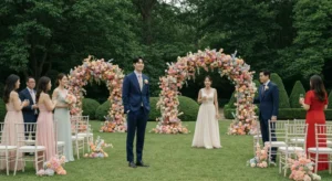Réception de mariage installée dans un domaine à la tombée du jour