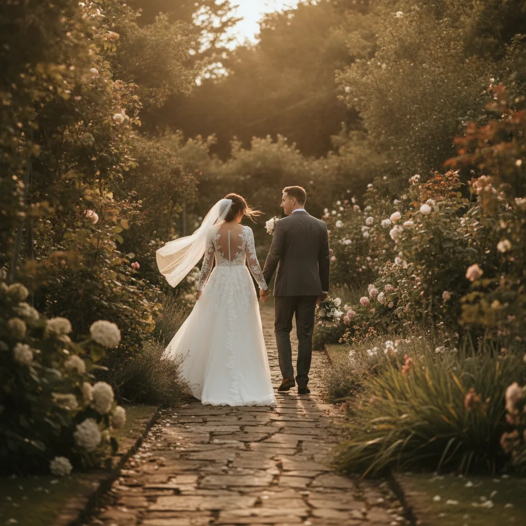 Couple de mariés marchant dans un jardin en fin de journée