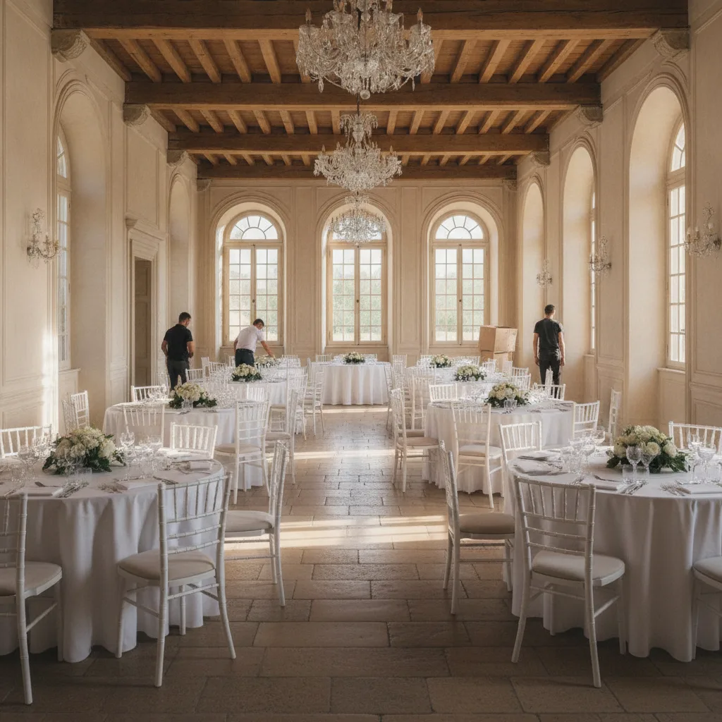 Salle de réception d'un domaine en cours d'installation avant un mariage