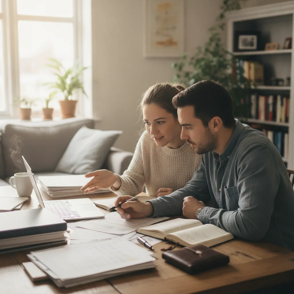 Couple préparant son dossier de mariage à la maison