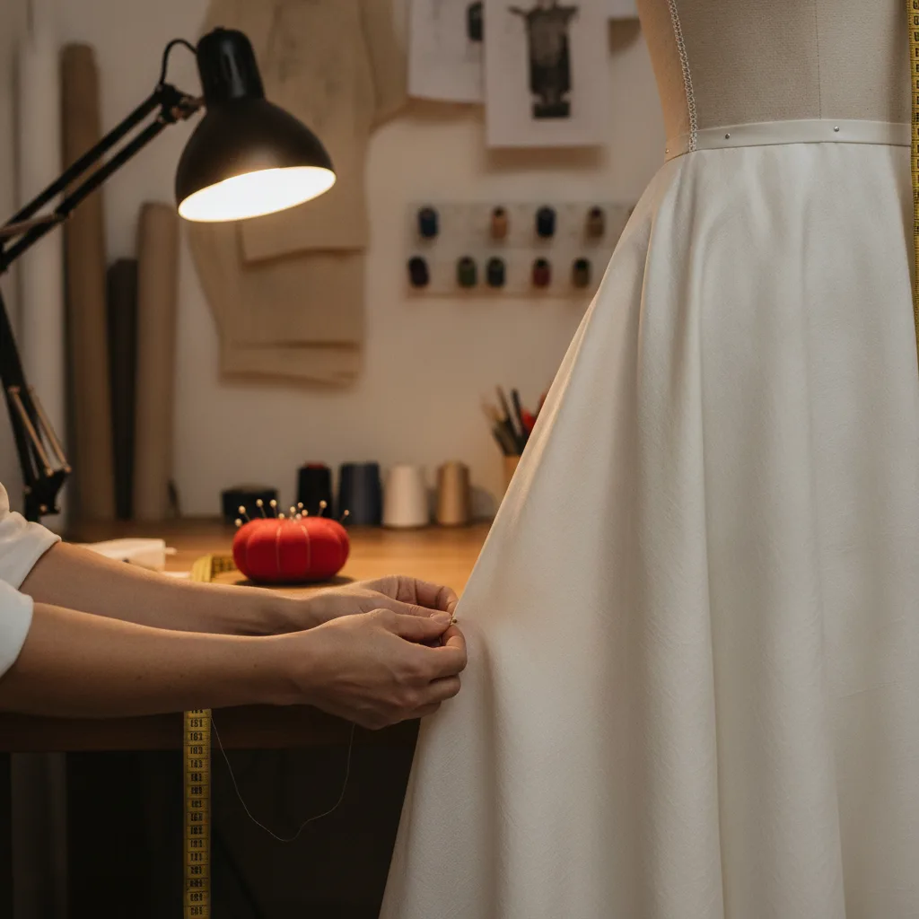 Couturière épinglant l'ourlet d'une robe de mariée en atelier