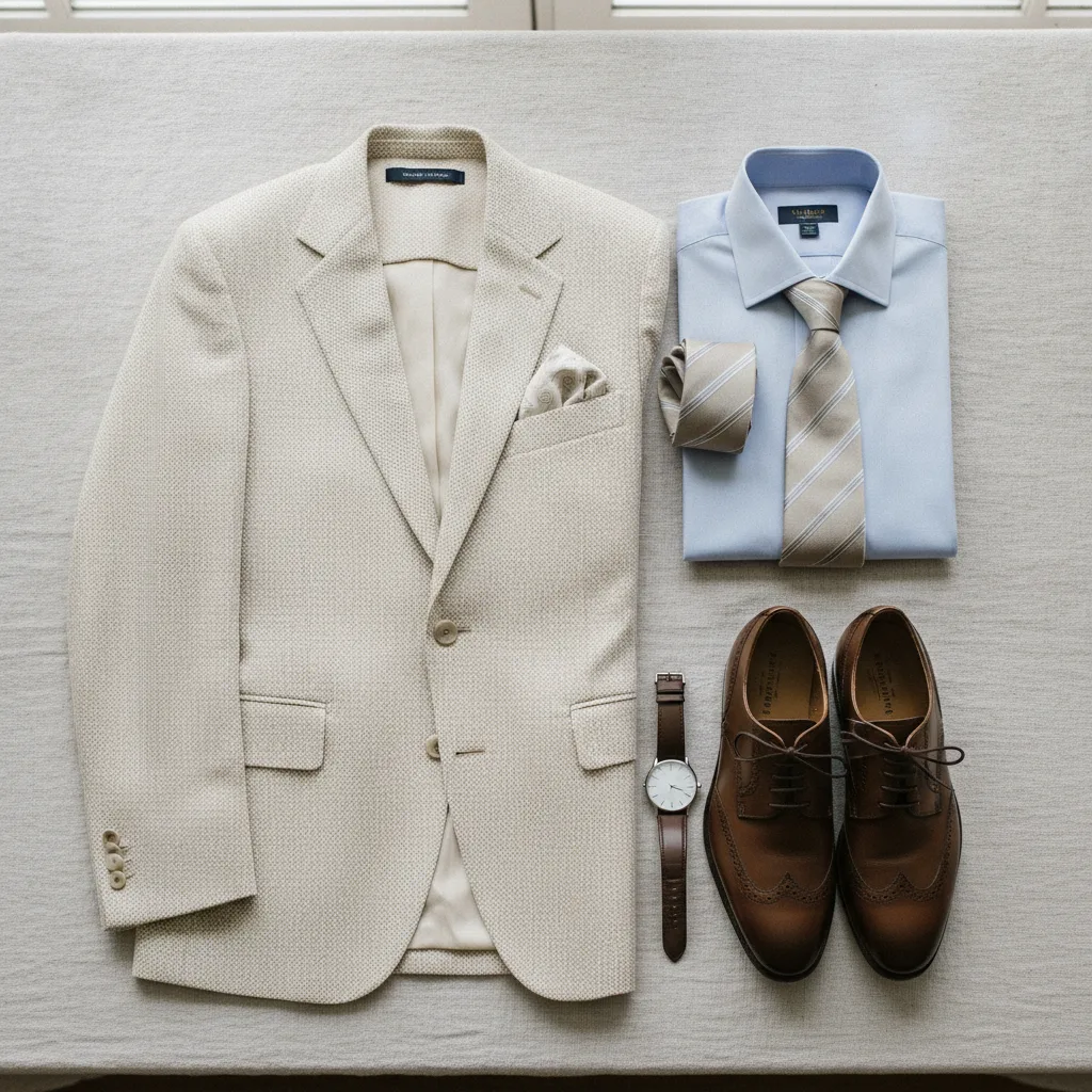 Costume de marié préparé avec chemise, cravate et chaussures