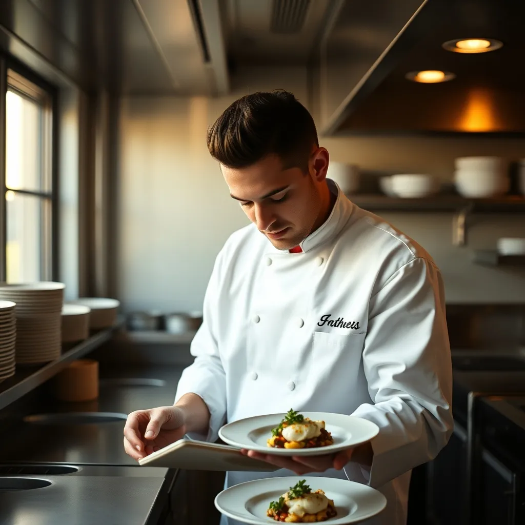 Traiteur professionnel dressant une entrée en cuisine avant le service du mariage