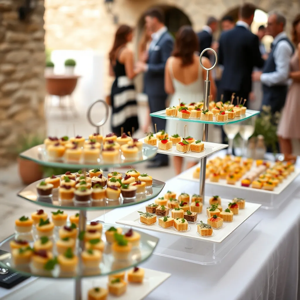 Buffet de cocktail dînatoire lors d'un vin d'honneur en extérieur