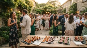 Cocktail dînatoire de mariage en extérieur : les pièces salées circulent sur plateau pendant que les convives échangent librement