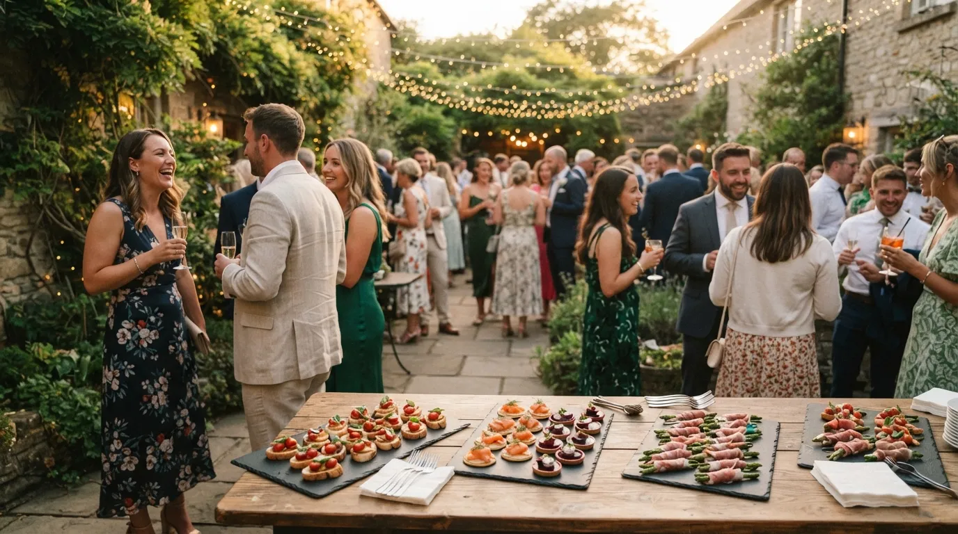 Cocktail dînatoire de mariage en extérieur : les pièces salées circulent sur plateau pendant que les convives échangent librement