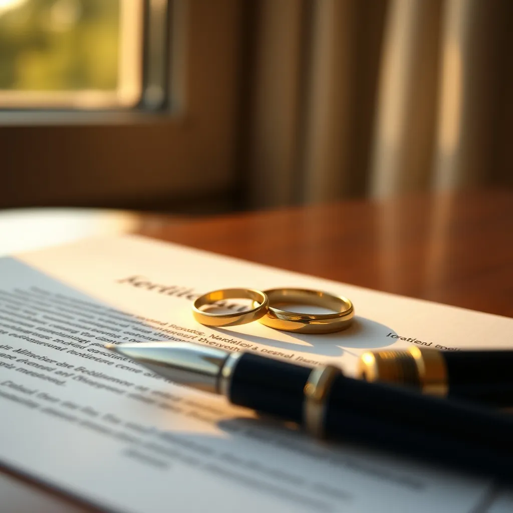Les alliances posées sur un acte notarié symbolisent le lien entre mariage et contrat