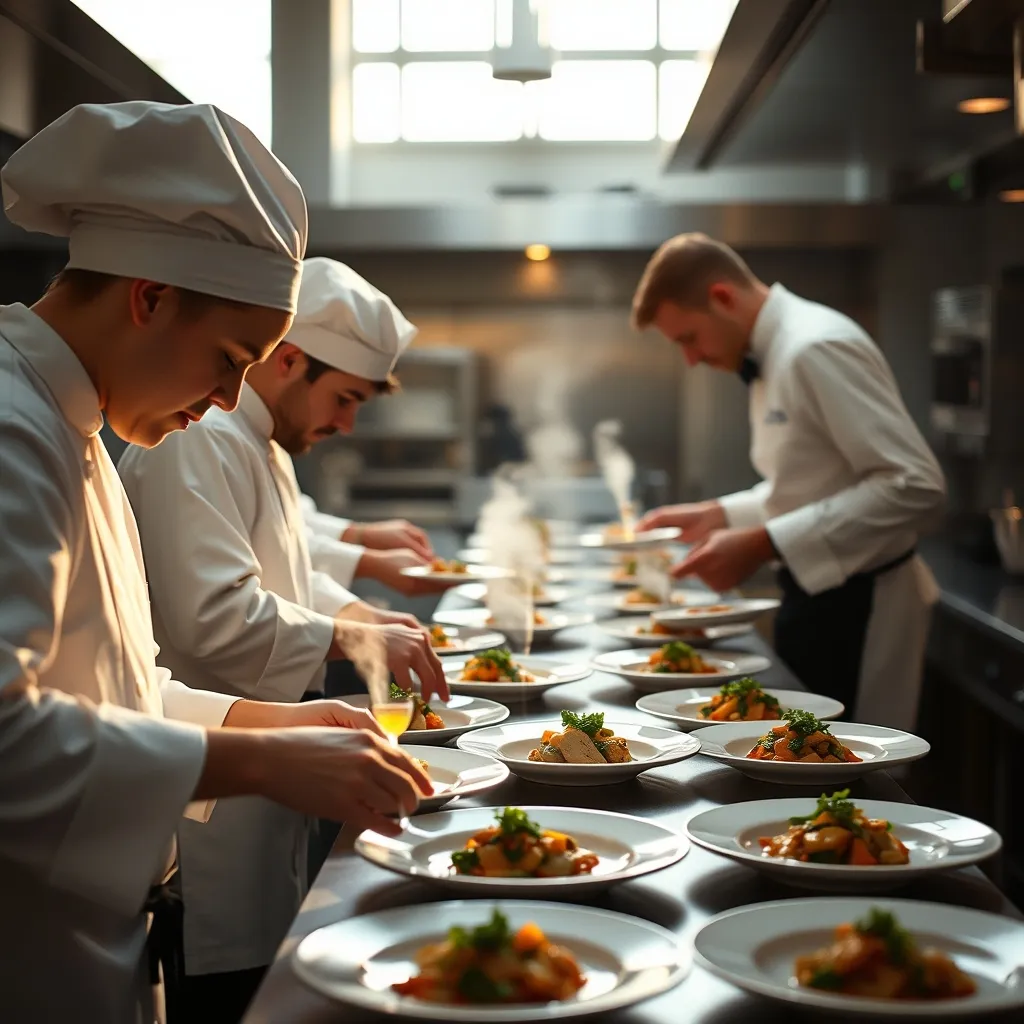 Préparation du repas de mariage en cuisine par l'équipe du traiteur