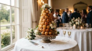 Croquembouche classique en choux à la crème et caramel filé, pièce maîtresse des mariages français depuis le XIXe siècle