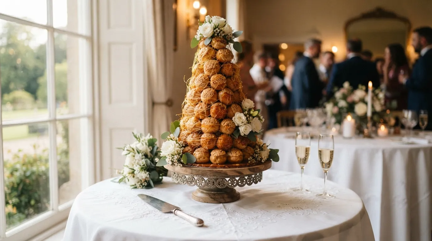 Croquembouche classique en choux à la crème et caramel filé, pièce maîtresse des mariages français depuis le XIXe siècle