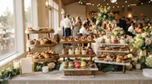 Un dessert bar de mariage composé de mignardises variées, disposées sur des présentoirs à plusieurs niveaux