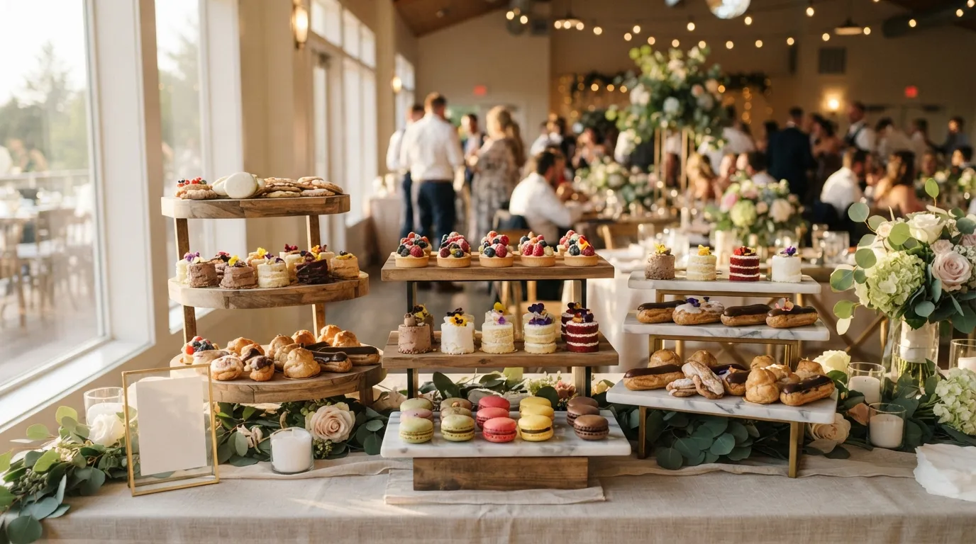 Un dessert bar de mariage composé de mignardises variées, disposées sur des présentoirs à plusieurs niveaux
