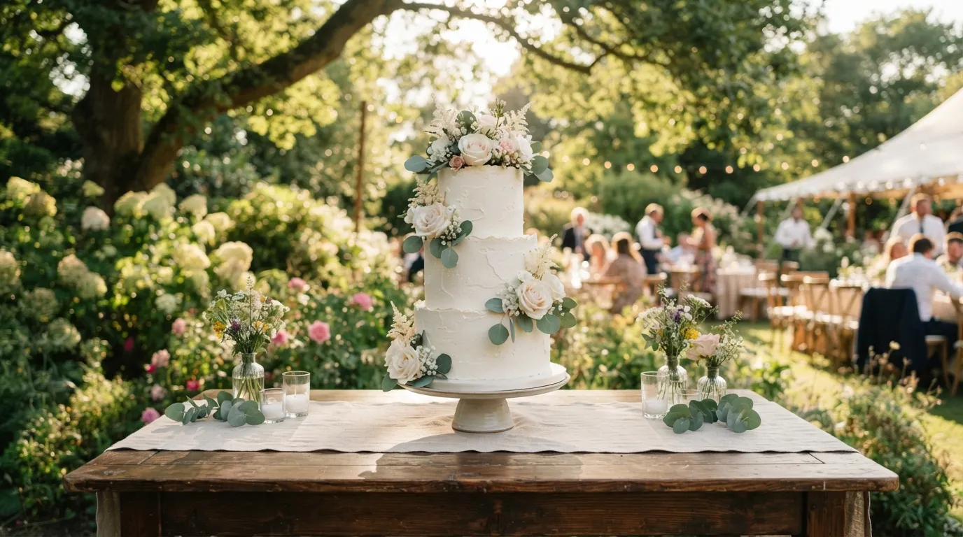 Un gâteau de mariage à trois étages exposé en extérieur lors d'une réception estivale