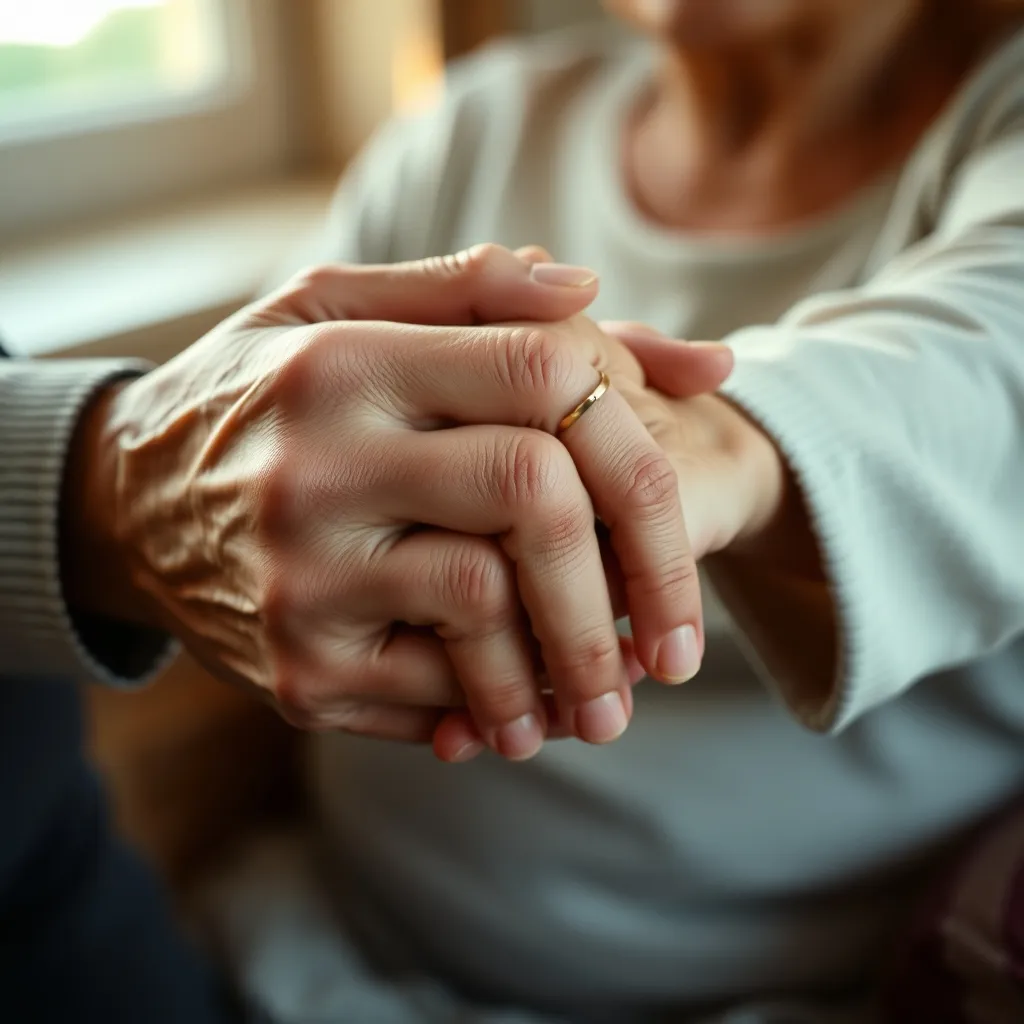 Les mains entrelacées d'un couple célébrant des décennies d'union, alliances dorées au doigt