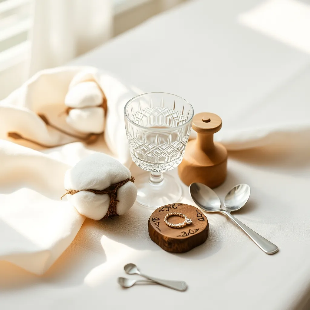 Nature morte réunissant les matériaux symboliques des noces : coton, bois, cristal, argent et or