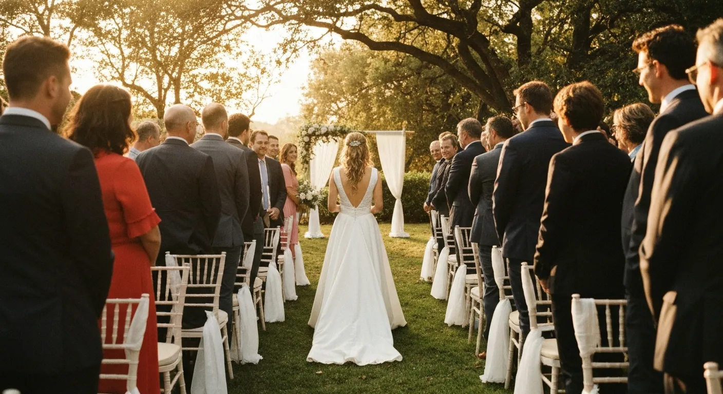 L'entrée de la mariée dans l'allée d'une cérémonie en plein air, moment où le calage musical est décisif
