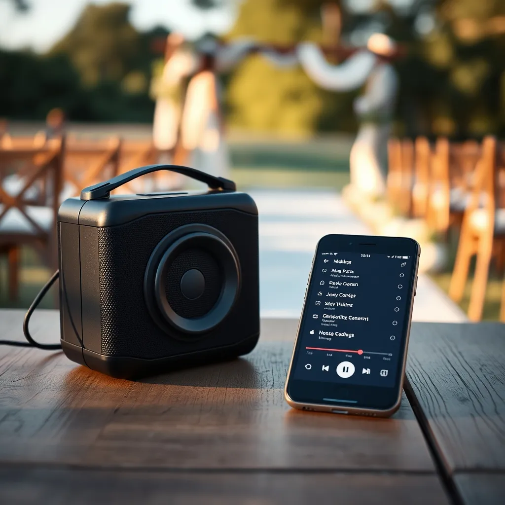 Un téléphone et une enceinte portable préparés pour diffuser la musique de cérémonie