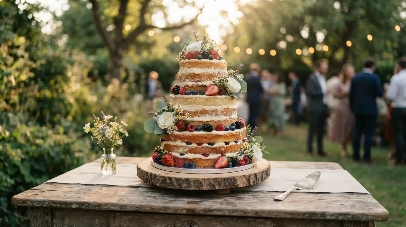 Un naked cake à trois étages garni de fruits frais : l'absence de crème extérieure expose directement la garniture à la chaleur ambiante