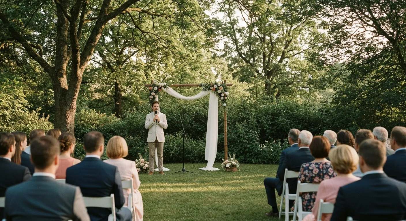 L'officiant de cérémonie laïque prend la parole face aux invités sous une arche fleurie en extérieur