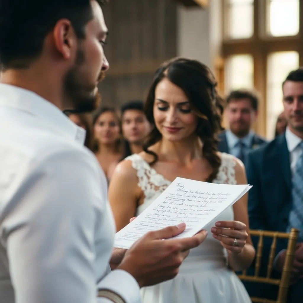 Un proche ému lit son discours pendant la cérémonie laïque, feuilles en main