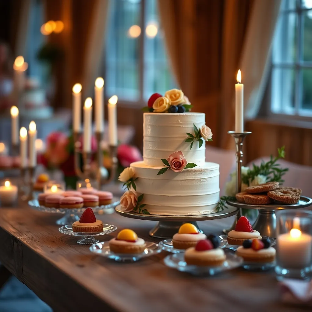 Un petit wedding cake vitrine complété par un buffet de desserts, une alternative économique et variée