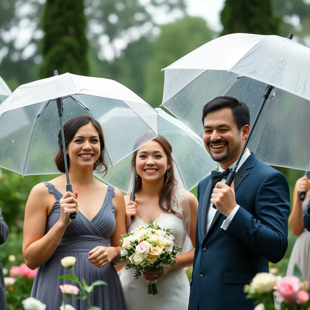 Des parapluies transparents distribués aux invités permettent de maintenir la cérémonie sous une pluie fine
