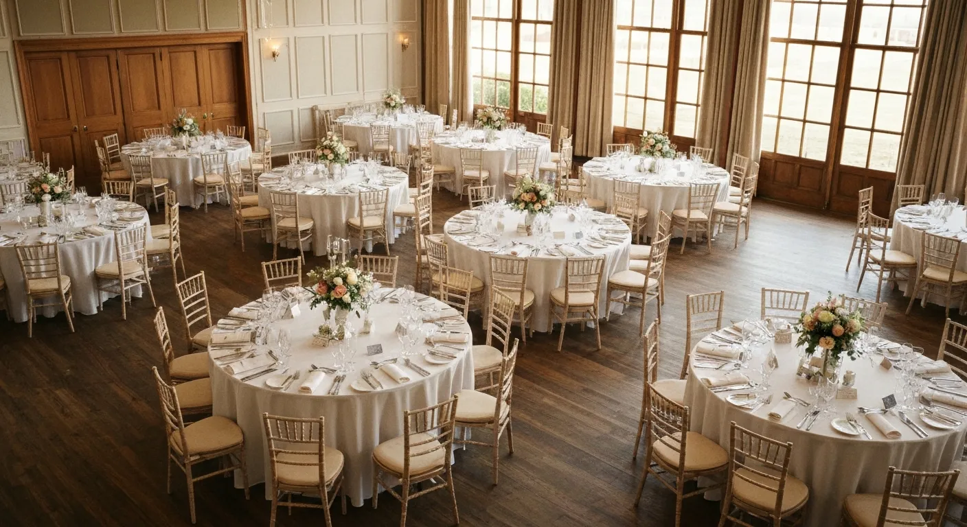 Une salle de réception avec des tables rondes dressées, prêtes à accueillir les invités