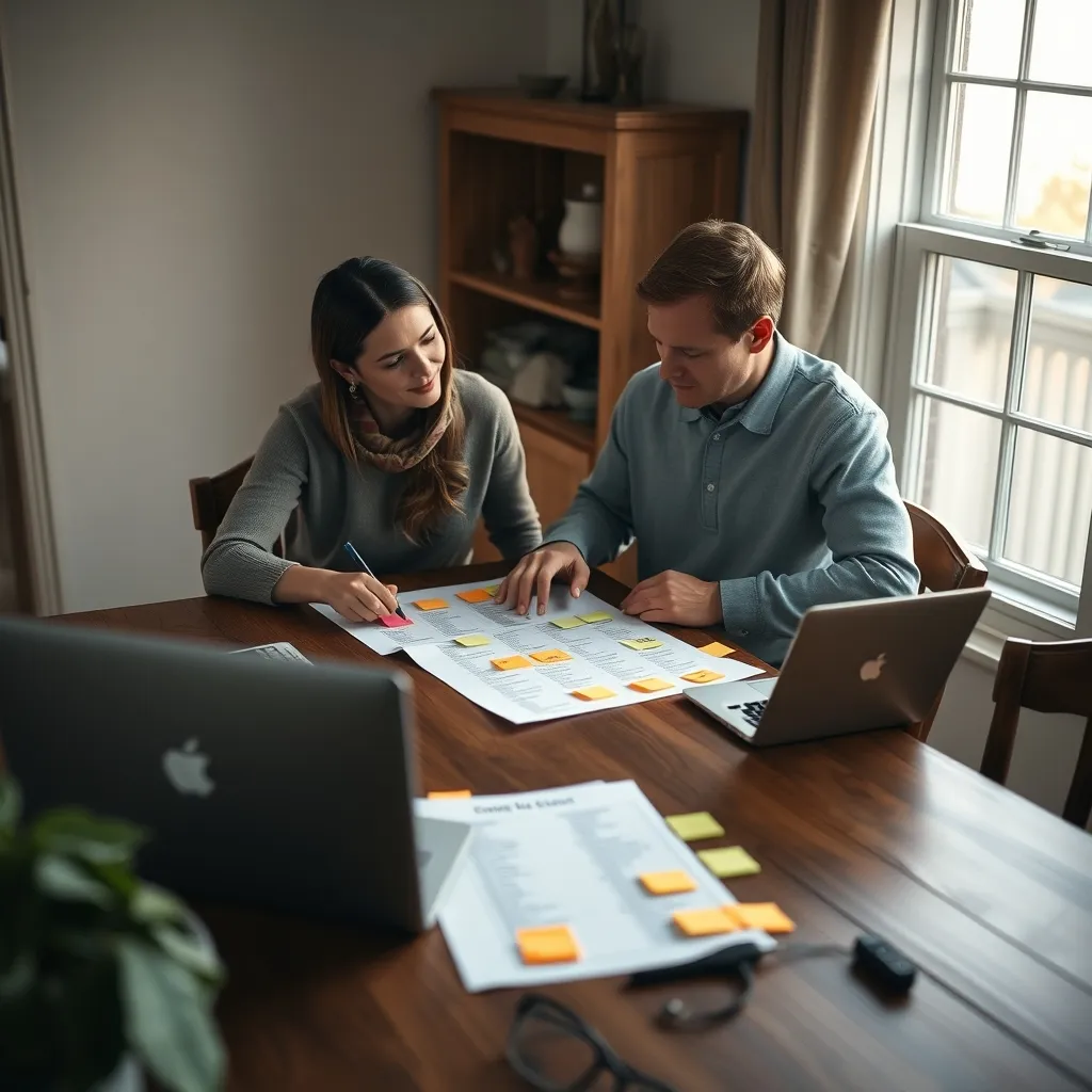 Un couple organise son plan de table à l'aide de post-it colorés et d'une liste d'invités