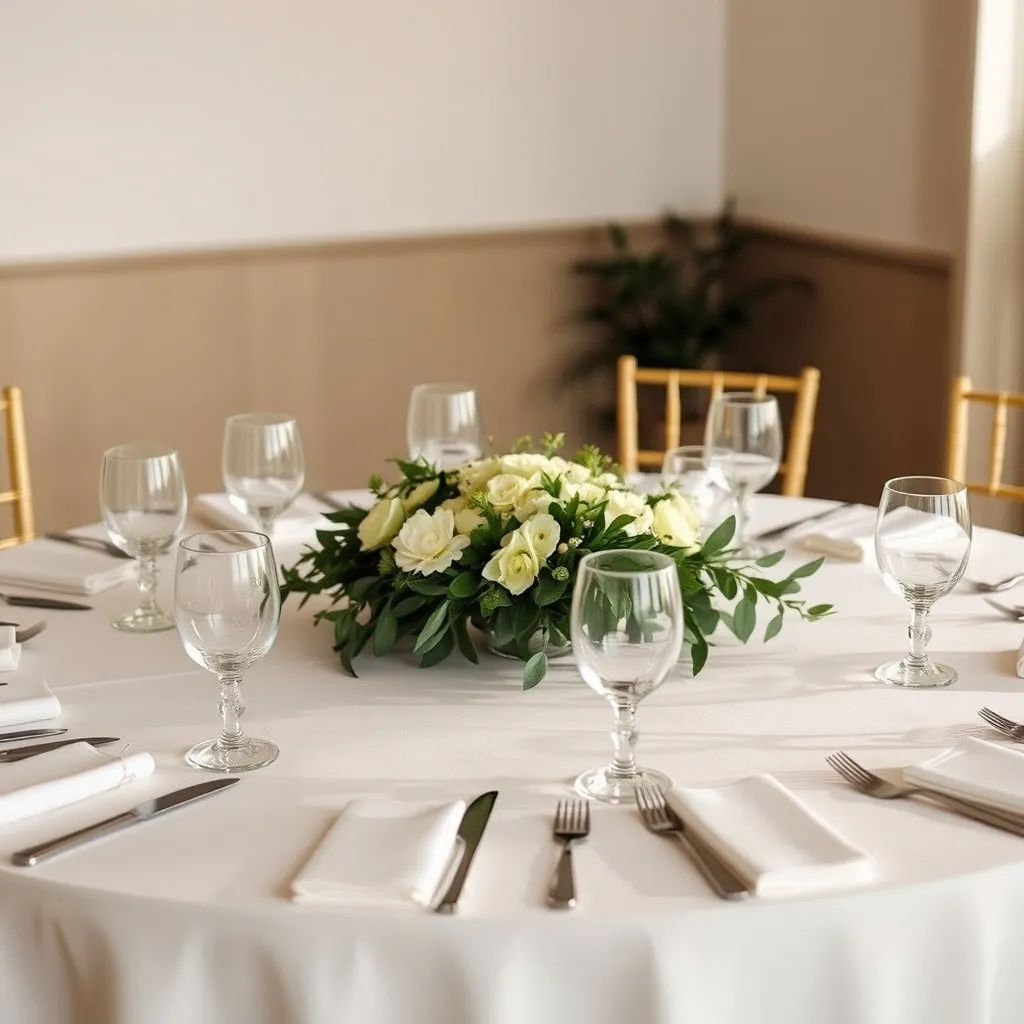 Une table ronde de huit couverts avec marque-places et centre de table floral