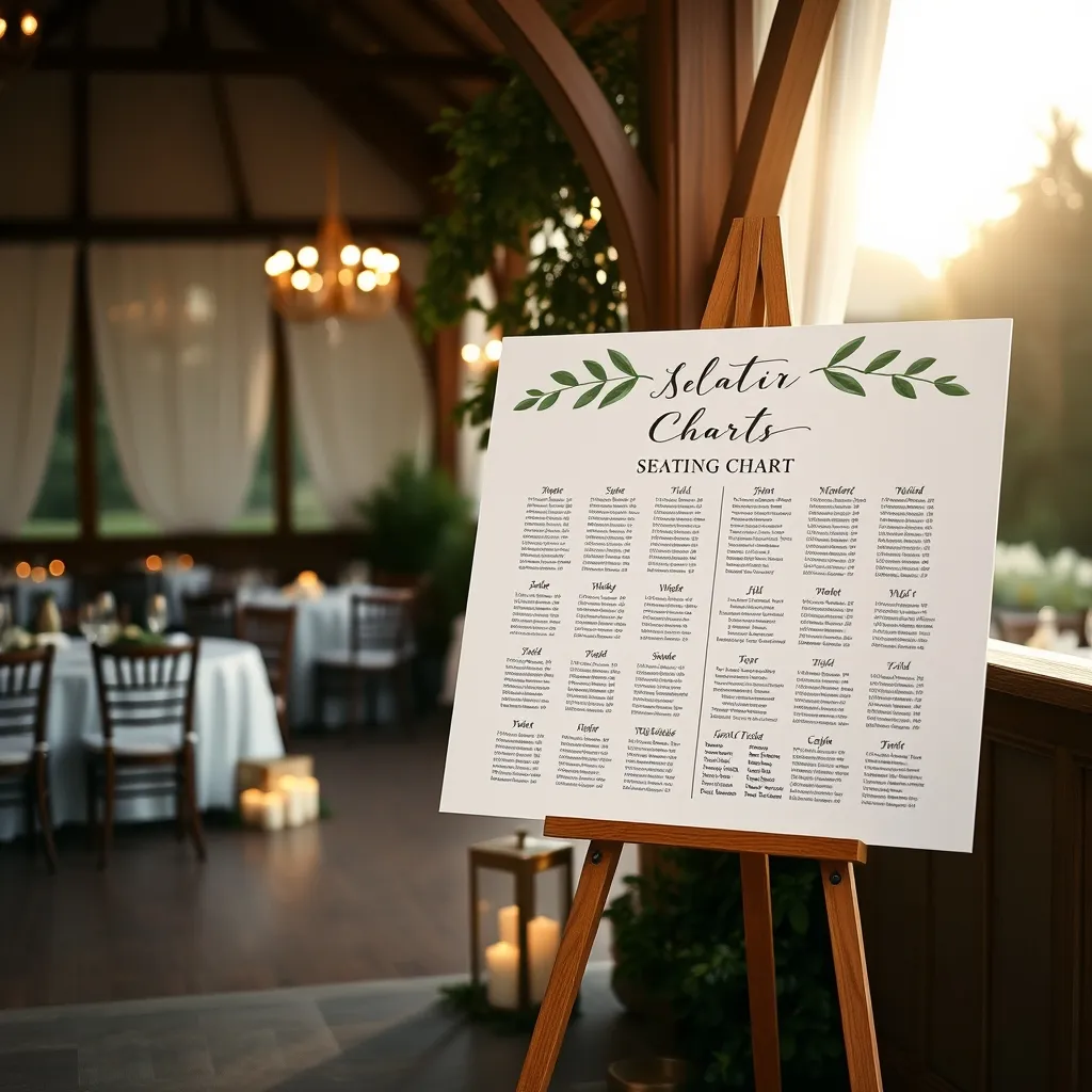 Un panneau de plan de table à l'entrée de la salle de réception, entouré de verdure