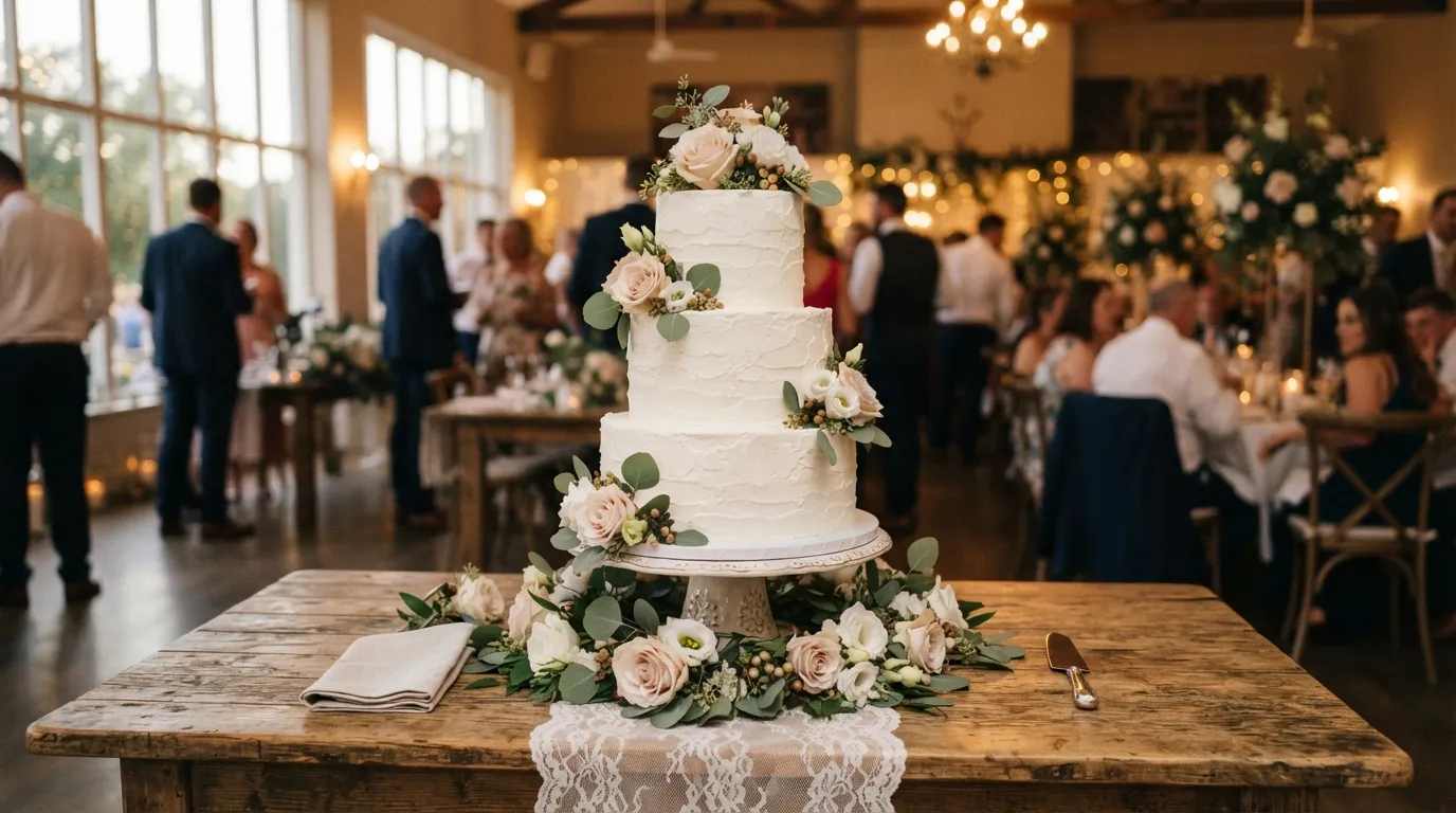 Un wedding cake à trois étages en pâte à sucre, format classique pour 80 à 100 convives, dont le prix par part se situe entre 8 et 12 €