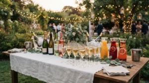 Table de boissons préparée pour le vin d'honneur d'un mariage en extérieur