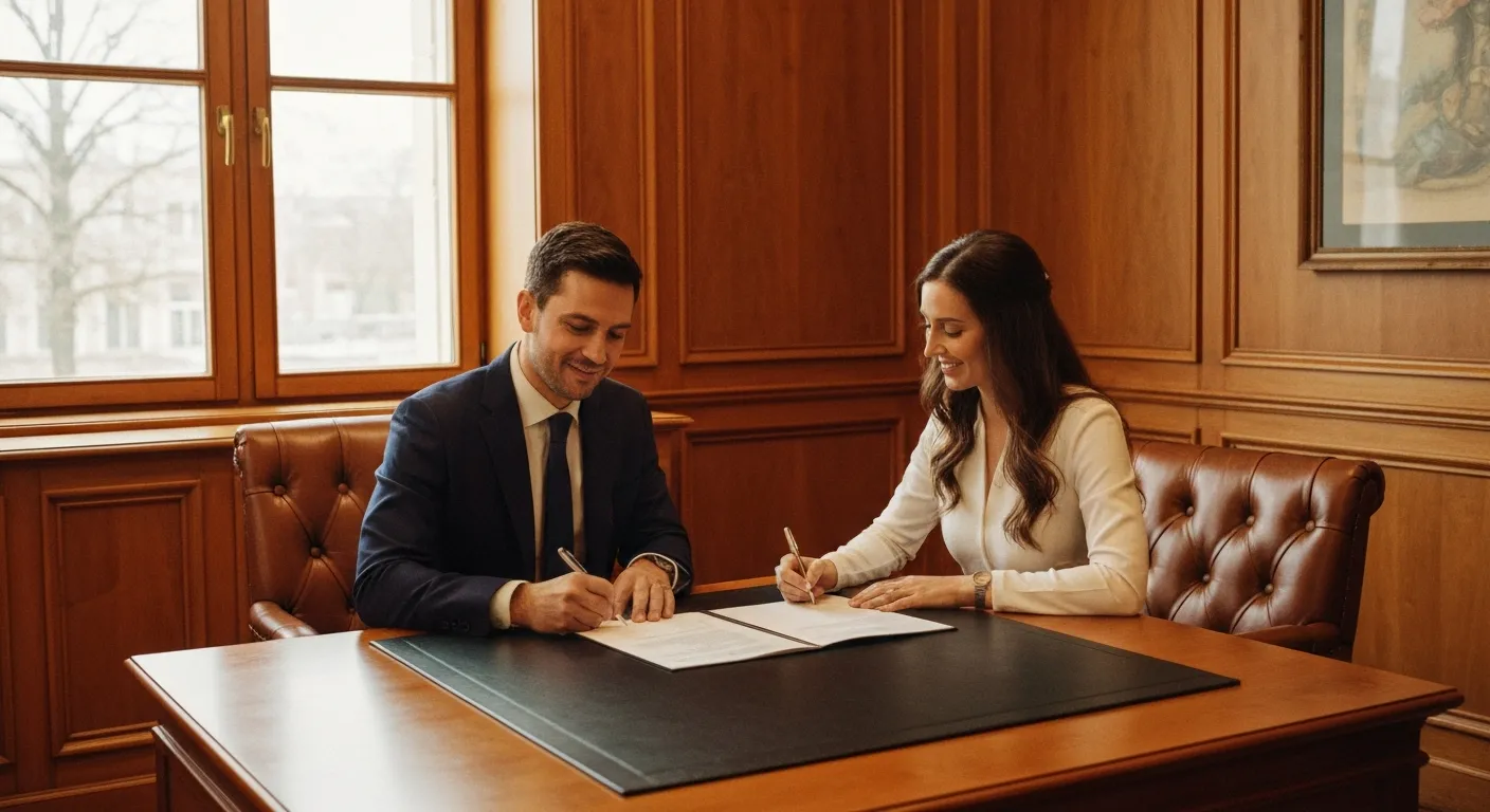 La signature du contrat de mariage se fait obligatoirement chez le notaire, avant la cérémonie civile en mairie
