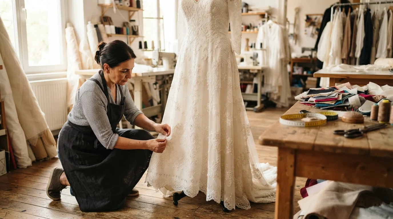 Ajustement de l'ourlet d'une robe de mariée en atelier de couture